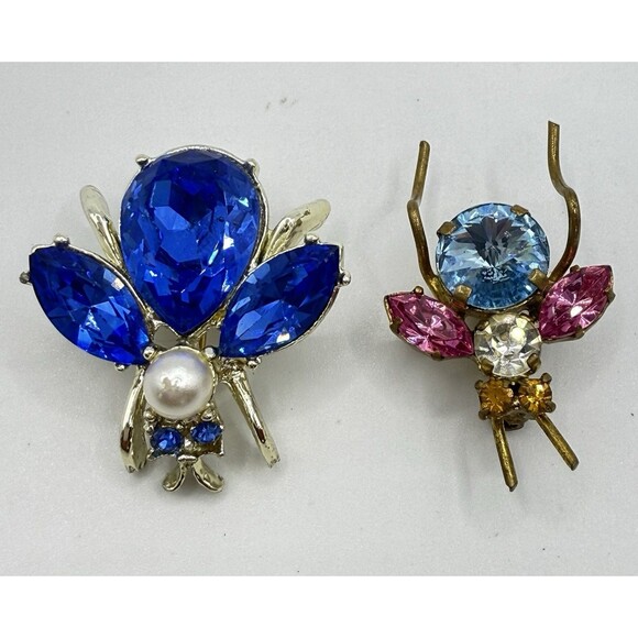 Vtg Set Of 2 Insect Bug Pins Brooches Austria Blue Pink Yellow Rhinestones